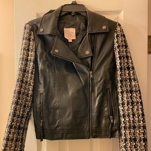 Faux leather & tweed Moto jacket